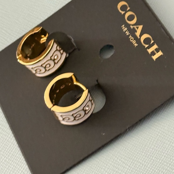Coach Gold and White Hoop Huggies Earrings - Picture 3 of 3